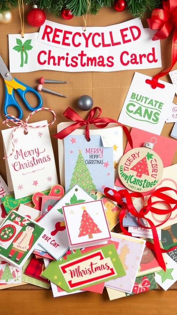 Recycled Christmas card crafts including gift tags, ornaments, and a banner on a crafting table.